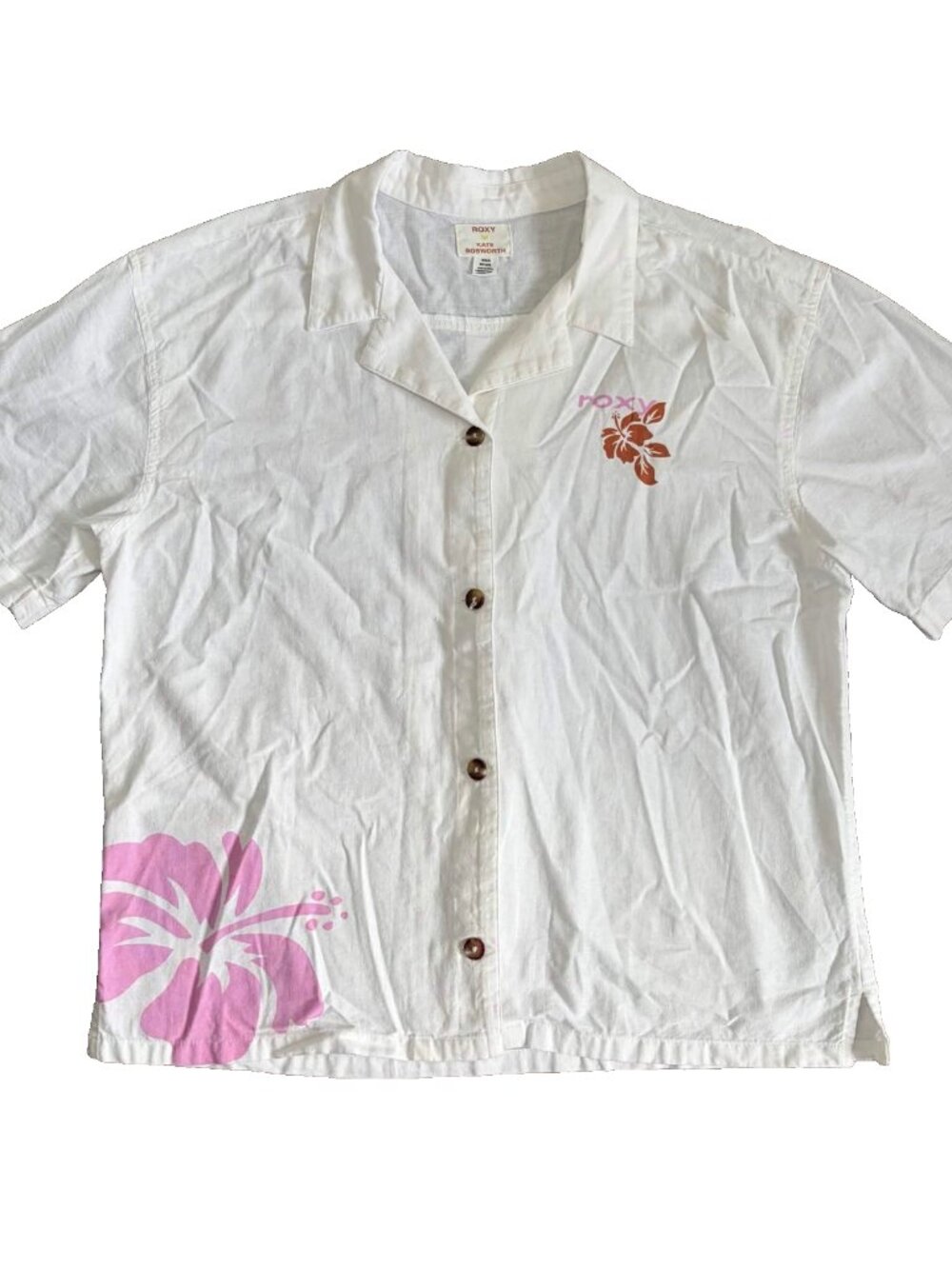 Roxy Kate Bosworth Surf Kind Kate White Linen Camp Shirt Hibiscus Y2K Size M